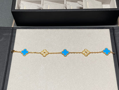 [Glitter Jewelry]CLOVER 5 MOTIF BLUE CHALCEDONY DIAMOND GOLD BRACELET