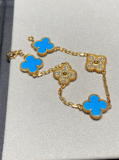 [Glitter Jewelry]CLOVER 5 MOTIF BLUE CHALCEDONY DIAMOND GOLD BRACELET