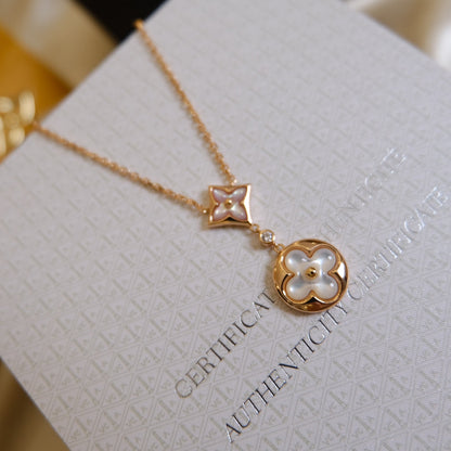 [Glitter Jewelry]STAR AND SUN WHITE MOP 2 MOTIF PINK GOLD NECKLACE