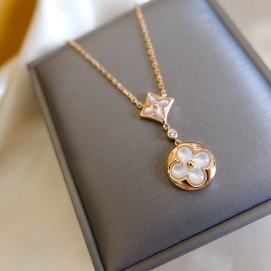 [Glitter Jewelry]STAR AND SUN WHITE MOP 2 MOTIF PINK GOLD NECKLACE