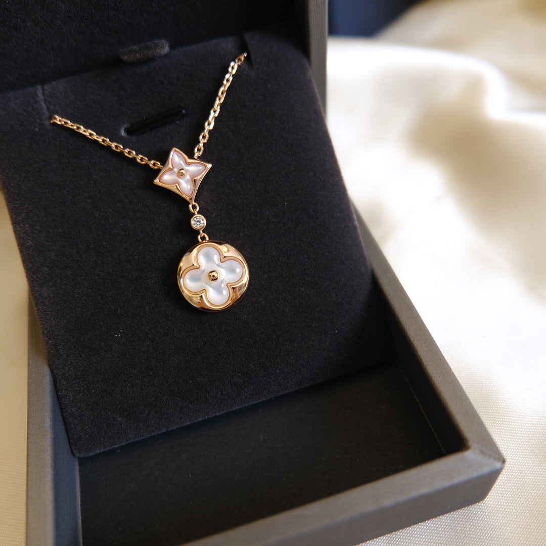 [Glitter Jewelry]STAR AND SUN WHITE MOP 2 MOTIF PINK GOLD NECKLACE
