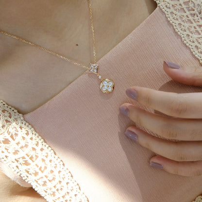 [Glitter Jewelry]STAR AND SUN WHITE MOP 2 MOTIF PINK GOLD NECKLACE