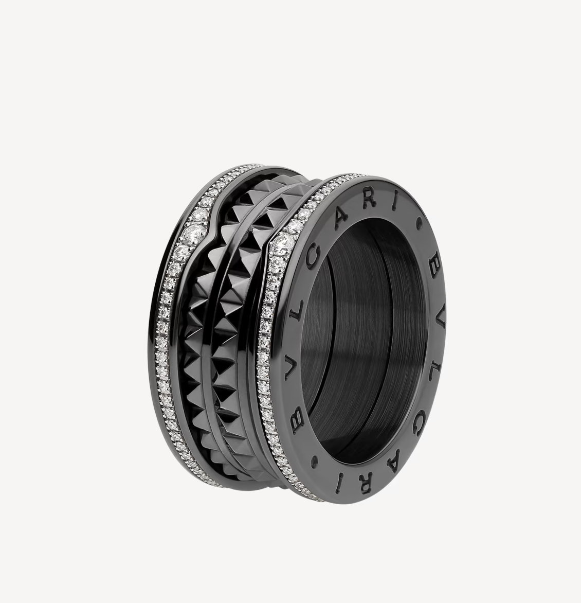 [Glitter Jewelry]ZERO 1 ROCK FOUR-BAND BLACK CERAMIC WITH STUDDED SPIRAL AND PAVED DIAMONDS RING