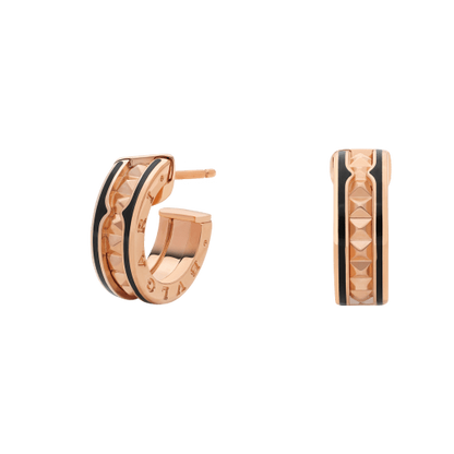 [Glitter Jewelry]ZERO 1 ROCK PINK GOLD EARRINGS WITH STUDDED SPIRAL AND BLACK CERAMIC