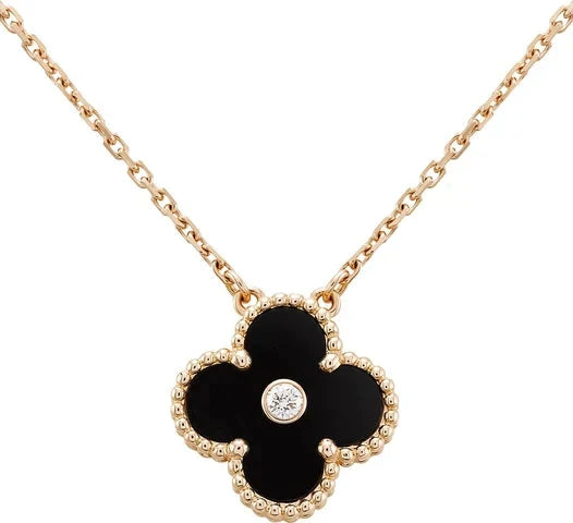 [Glitter Jewelry]CLOVER 15MM DIAMOND ONYX NECKLACE
