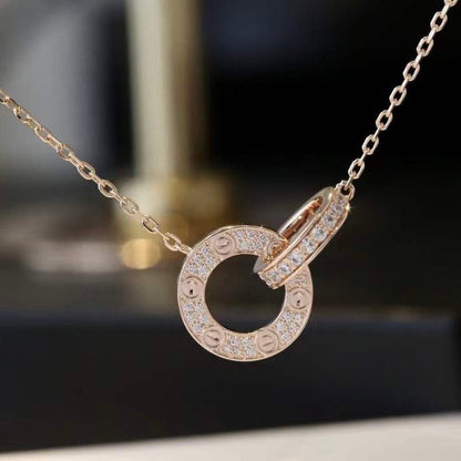 [Glitter Jewelry]LOVE 7.6MM NECKLACE ROSE GOLD AND SILVER  FULL DIAMOND