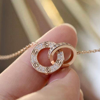 [Glitter Jewelry]LOVE 7.6MM NECKLACE ROSE GOLD AND SILVER  FULL DIAMOND