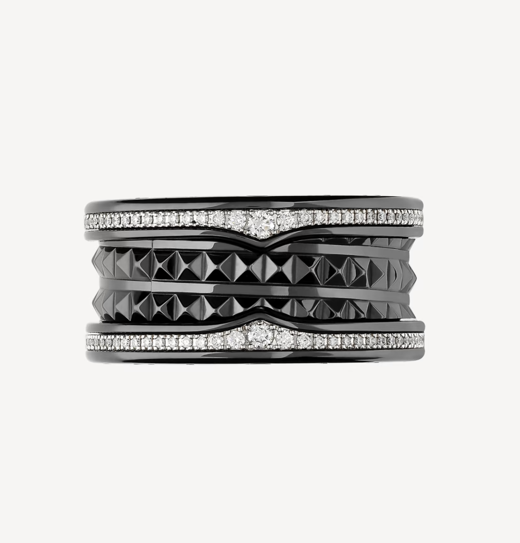 [Glitter Jewelry]ZERO 1 ROCK FOUR-BAND BLACK CERAMIC WITH STUDDED SPIRAL AND PAVED DIAMONDS RING