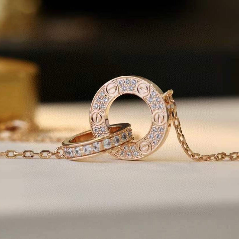 [Glitter Jewelry]LOVE 7.6MM NECKLACE ROSE GOLD AND SILVER  FULL DIAMOND