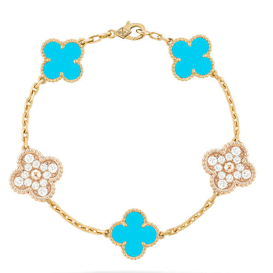 [Glitter Jewelry]CLOVER 5 MOTIF TURQUOISE DIAMOND GOLD BRACELET
