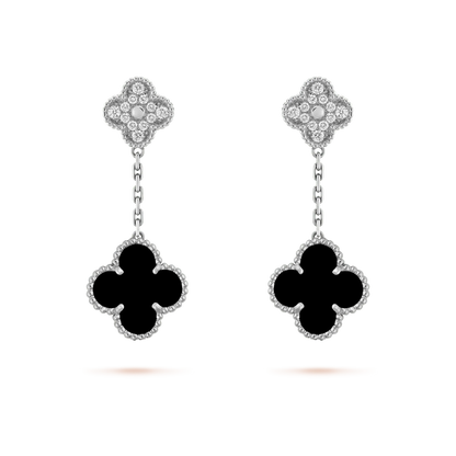 [Glitter Jewelry]CLOVER 2 MOTIFS  DIAMOND ONYX EARRINGS SILVER