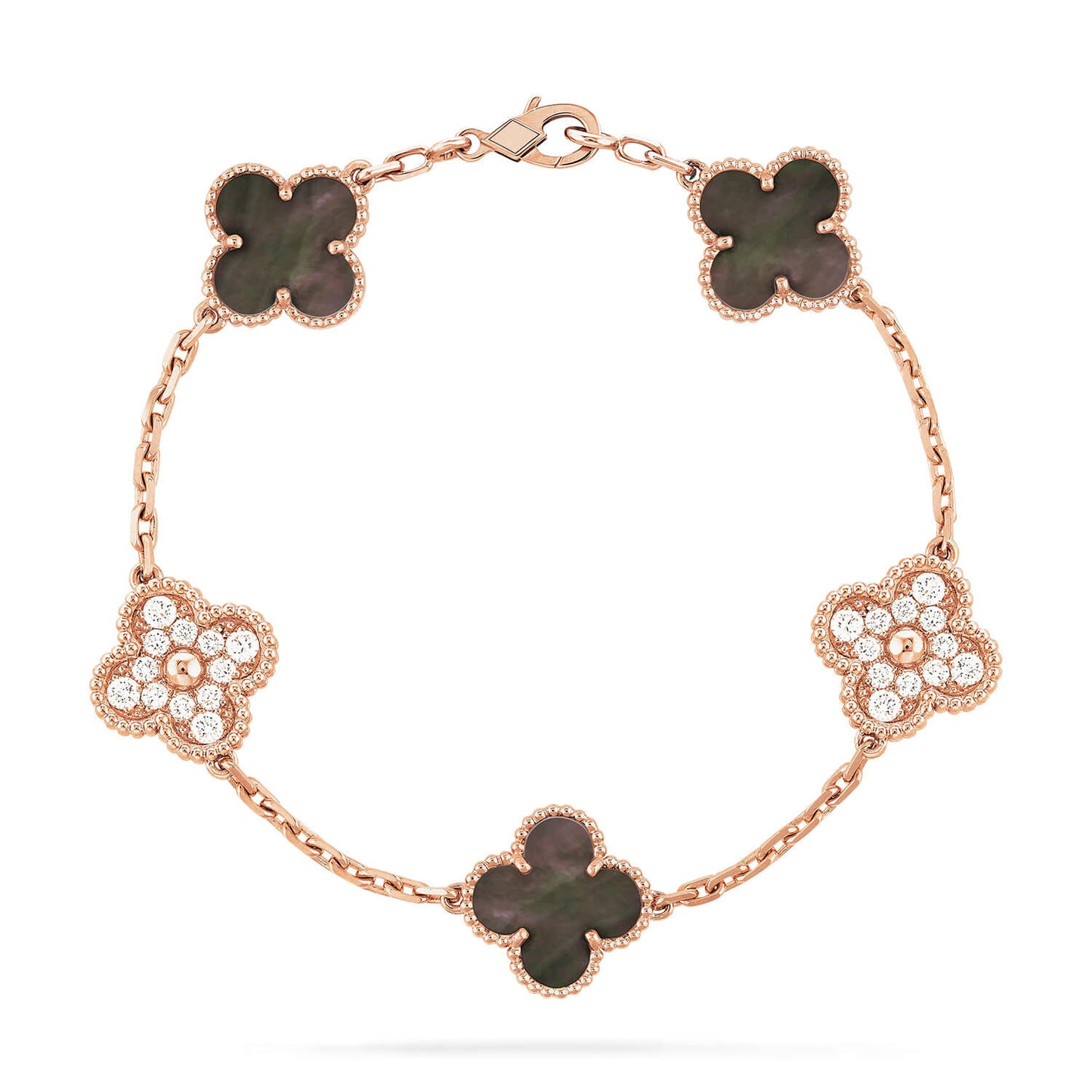 [Glitter Jewelry]CLOVER 5 MOTIFS DARK MOP AND DIAMONDS PINK GOLD BRACELET