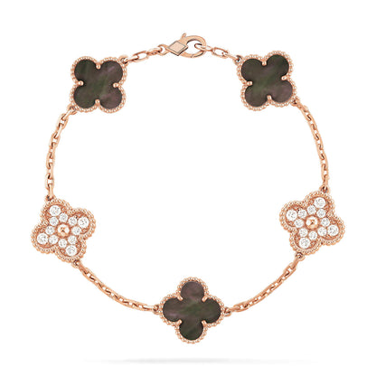 [Glitter Jewelry]CLOVER 5 MOTIFS DARK MOP AND DIAMONDS PINK GOLD BRACELET