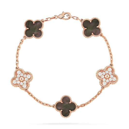 [Glitter Jewelry]CLOVER 5 MOTIFS DARK MOP AND DIAMONDS PINK GOLD BRACELET