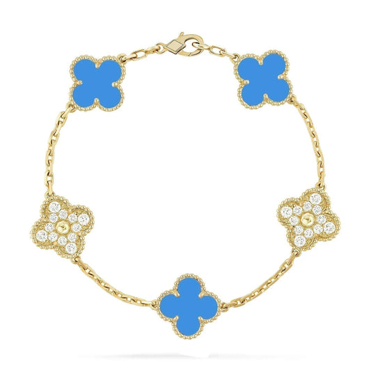 [Glitter Jewelry]CLOVER 5 MOTIF BLUE CHALCEDONY DIAMOND GOLD BRACELET