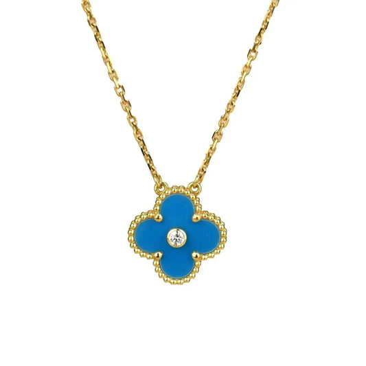 [Glitter Jewelry]CLOVER 15MM DIAMOND AND BLUE AGATE NECKLACE