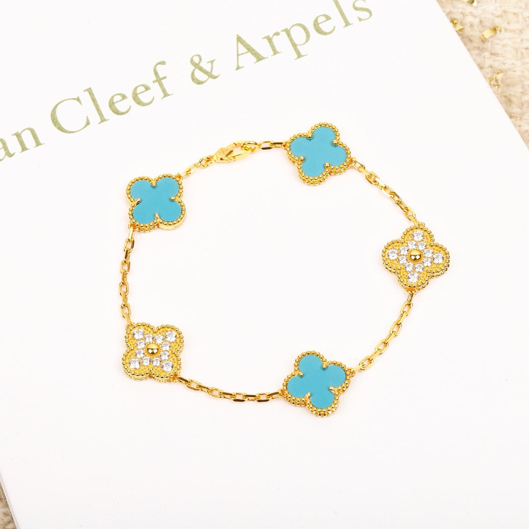 [Glitter Jewelry]CLOVER 5 MOTIF TURQUOISE DIAMOND GOLD BRACELET