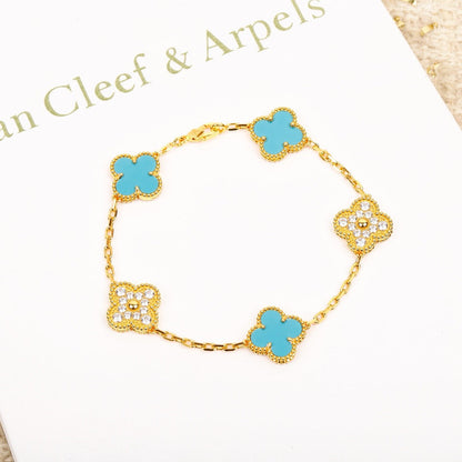 [Glitter Jewelry]CLOVER 5 MOTIF TURQUOISE DIAMOND GOLD BRACELET
