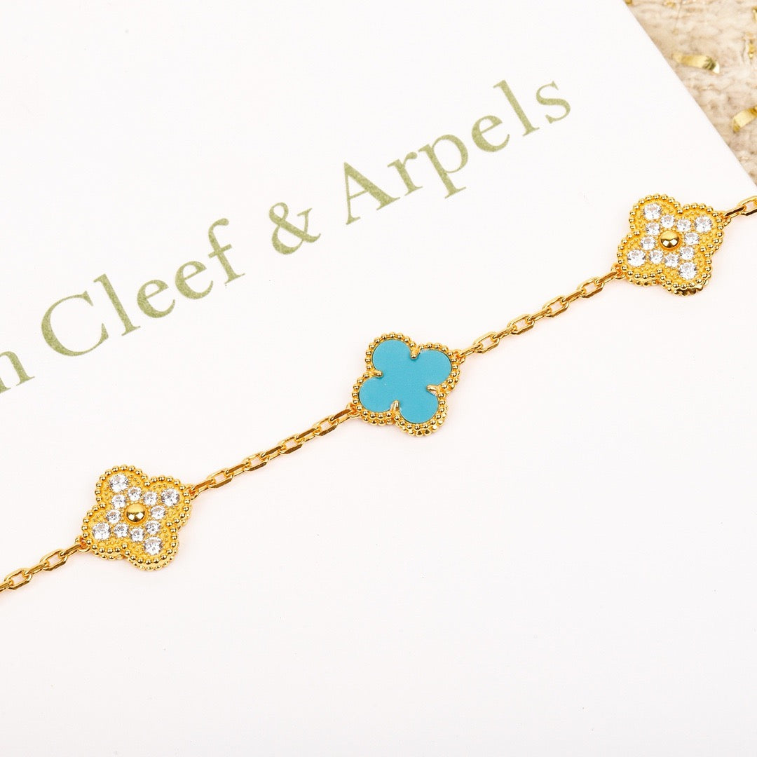 [Glitter Jewelry]CLOVER 5 MOTIF TURQUOISE DIAMOND GOLD BRACELET