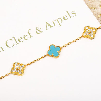 [Glitter Jewelry]CLOVER 5 MOTIF TURQUOISE DIAMOND GOLD BRACELET