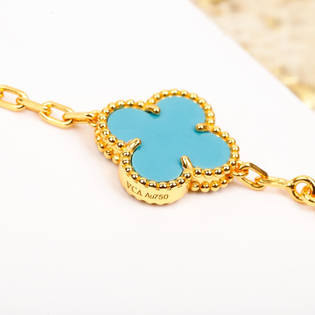 [Glitter Jewelry]CLOVER 5 MOTIF TURQUOISE DIAMOND GOLD BRACELET