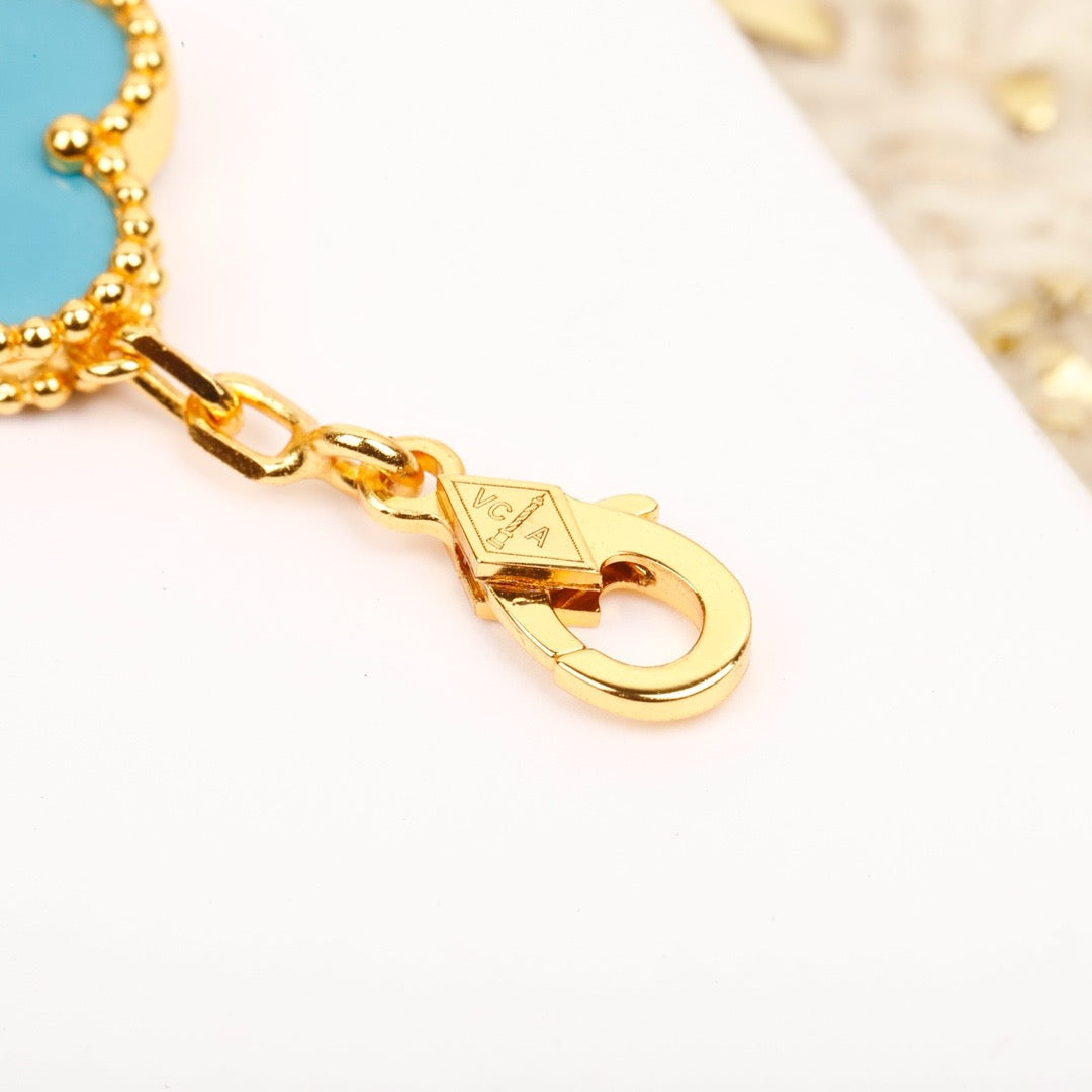 [Glitter Jewelry]CLOVER 5 MOTIF TURQUOISE DIAMOND GOLD BRACELET