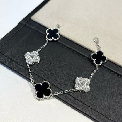 [Glitter Jewelry]CLOVER 5 MOTIF ONYXS DIAMOND BRACELET SILVER