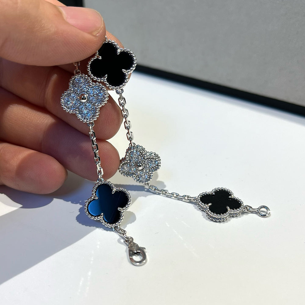 [Glitter Jewelry]CLOVER 5 MOTIF ONYXS DIAMOND BRACELET SILVER