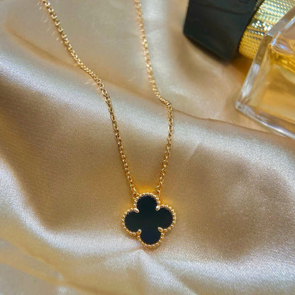 [Glitter Jewelry]CLOVER 15MM BLACK ONYX SINGLE FLOWER NECKLACE