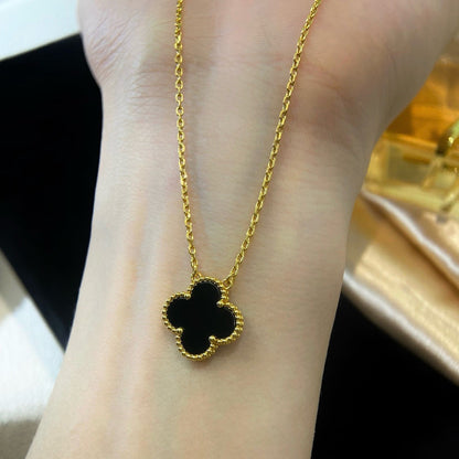 [Glitter Jewelry]CLOVER 15MM BLACK ONYX SINGLE FLOWER NECKLACE
