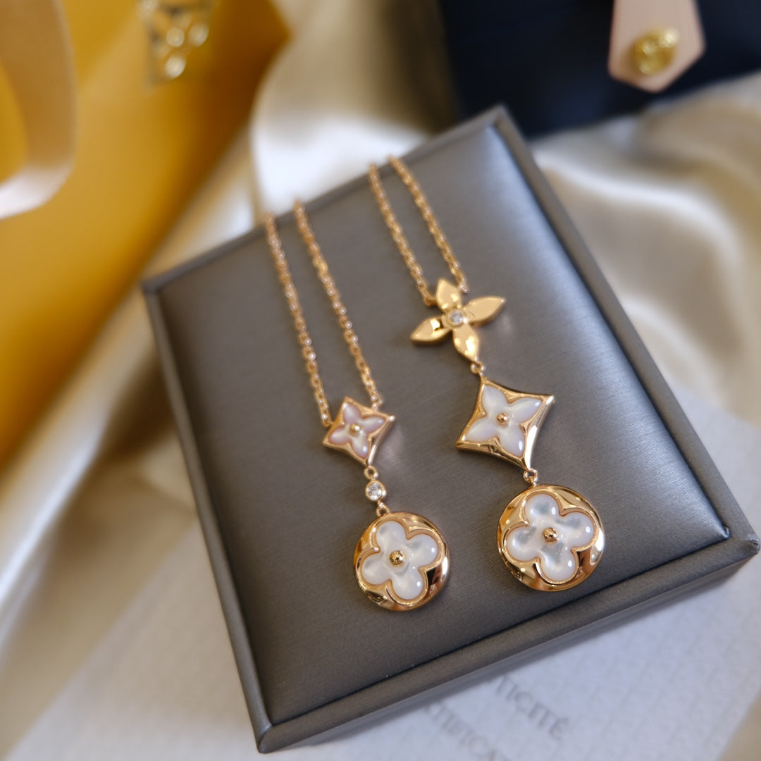 [Glitter Jewelry]COLOR BLOSSOM LARIAT NECKLACE PINK GOLD WHITE MOTHER PEARL AND DIAMOND