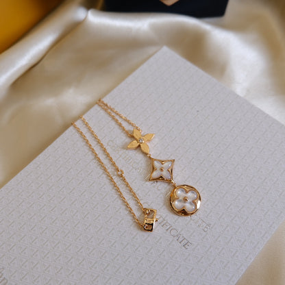 [Glitter Jewelry]COLOR BLOSSOM LARIAT NECKLACE PINK GOLD WHITE MOTHER PEARL AND DIAMOND