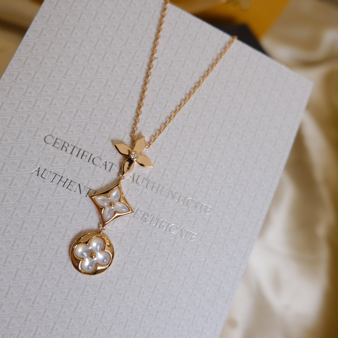 [Glitter Jewelry]COLOR BLOSSOM LARIAT NECKLACE PINK GOLD WHITE MOTHER PEARL AND DIAMOND