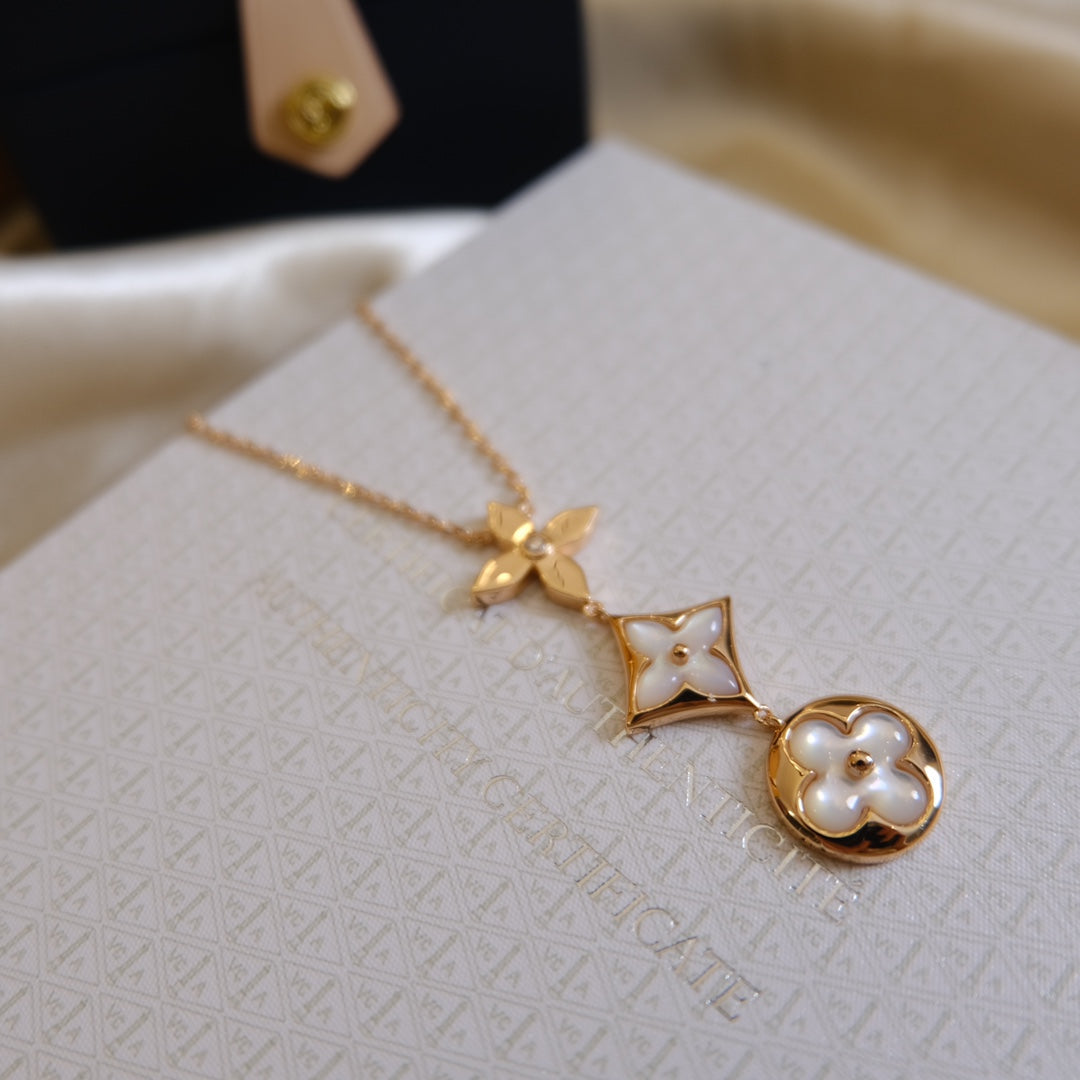 [Glitter Jewelry]COLOR BLOSSOM LARIAT NECKLACE PINK GOLD WHITE MOTHER PEARL AND DIAMOND