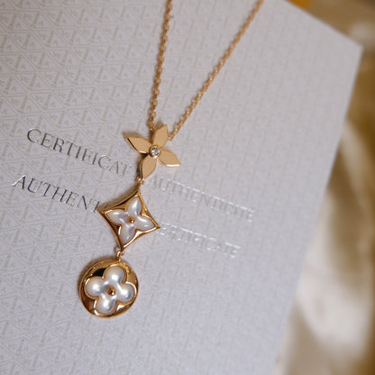 [Glitter Jewelry]COLOR BLOSSOM LARIAT NECKLACE PINK GOLD WHITE MOTHER PEARL AND DIAMOND