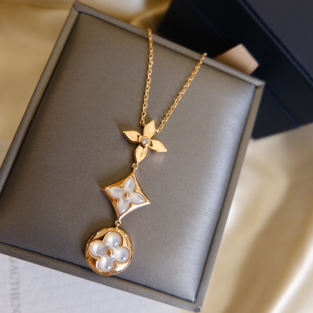 [Glitter Jewelry]COLOR BLOSSOM LARIAT NECKLACE PINK GOLD WHITE MOTHER PEARL AND DIAMOND