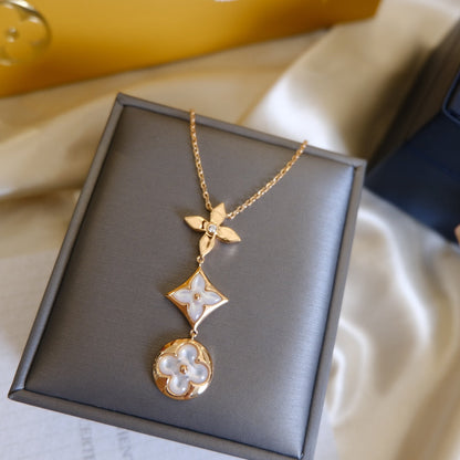 [Glitter Jewelry]COLOR BLOSSOM LARIAT NECKLACE PINK GOLD WHITE MOTHER PEARL AND DIAMOND