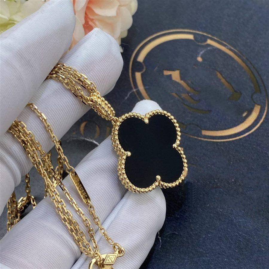[Glitter Jewelry]CLOVER 25MM GOLD ONYX BIG CLOVER NECKLACE