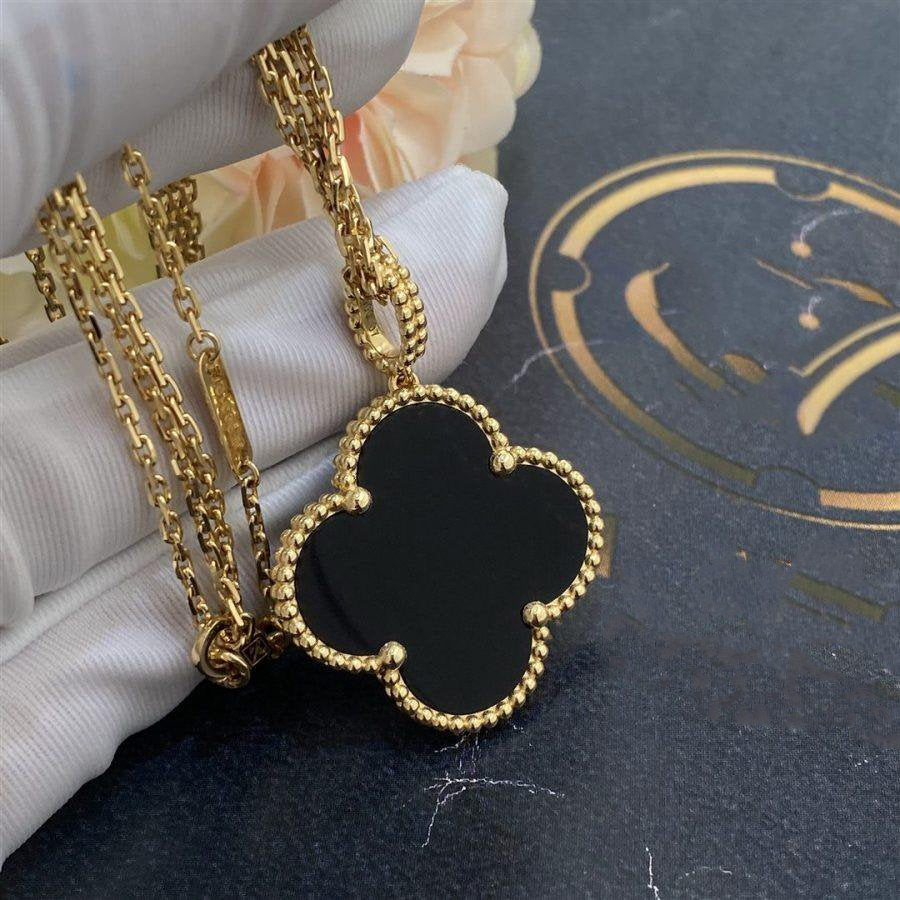 [Glitter Jewelry]CLOVER 25MM GOLD ONYX BIG CLOVER NECKLACE