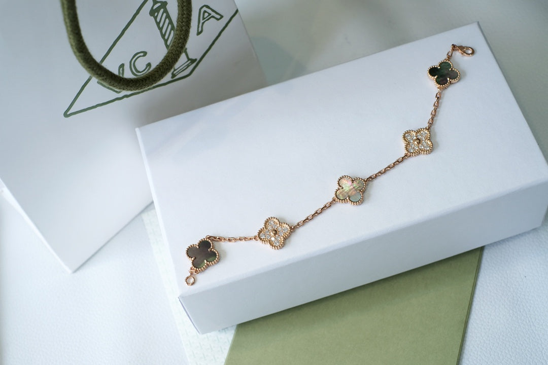 [Glitter Jewelry]CLOVER 5 MOTIFS DARK MOP AND DIAMONDS PINK GOLD BRACELET