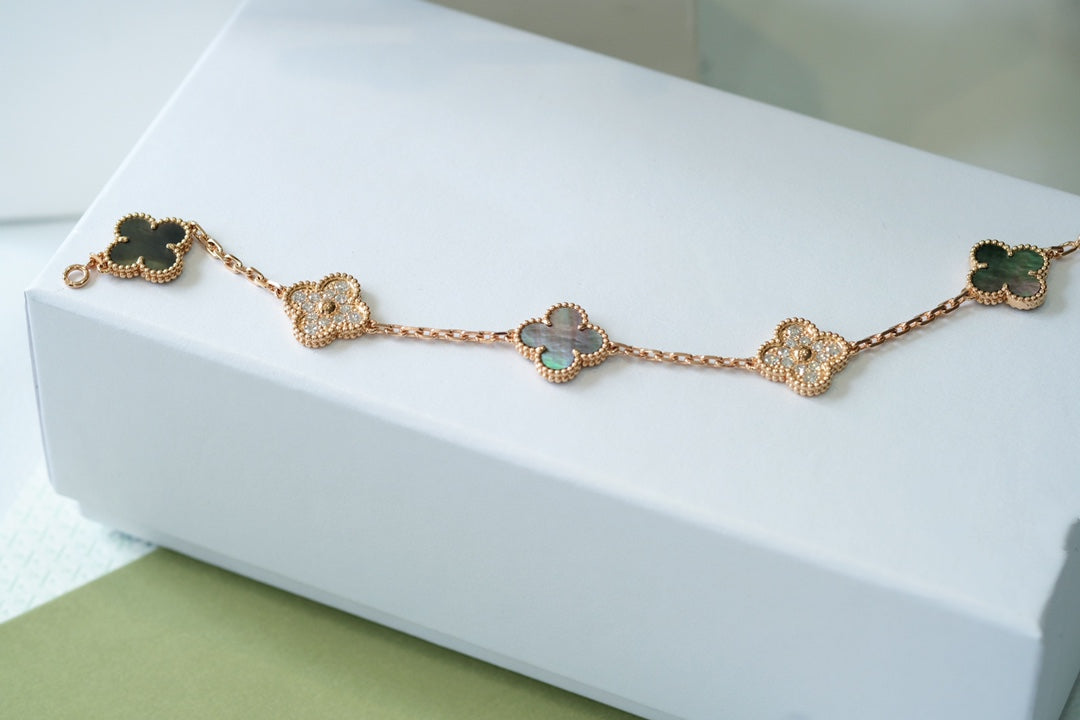 [Glitter Jewelry]CLOVER 5 MOTIFS DARK MOP AND DIAMONDS PINK GOLD BRACELET