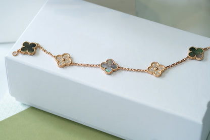 [Glitter Jewelry]CLOVER 5 MOTIFS DARK MOP AND DIAMONDS PINK GOLD BRACELET