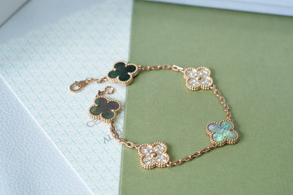 [Glitter Jewelry]CLOVER 5 MOTIFS DARK MOP AND DIAMONDS PINK GOLD BRACELET