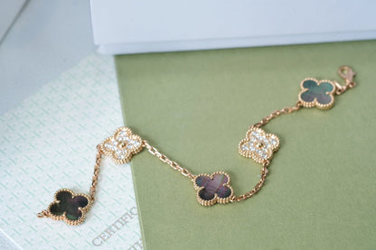 [Glitter Jewelry]CLOVER 5 MOTIFS DARK MOP AND DIAMONDS PINK GOLD BRACELET