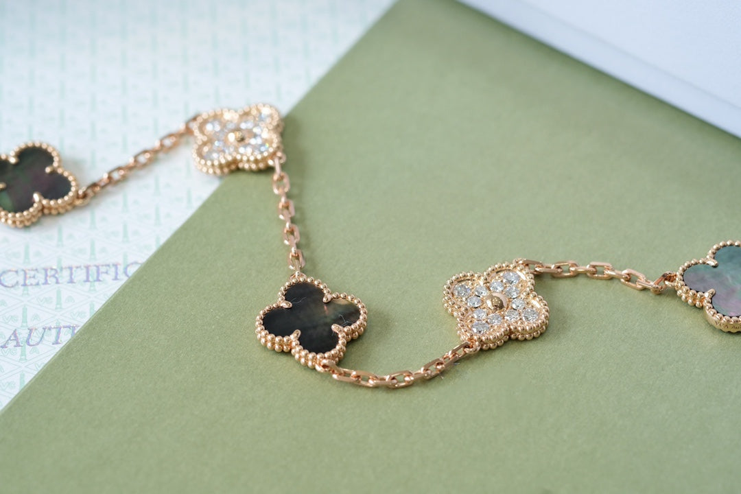 [Glitter Jewelry]CLOVER 5 MOTIFS DARK MOP AND DIAMONDS PINK GOLD BRACELET