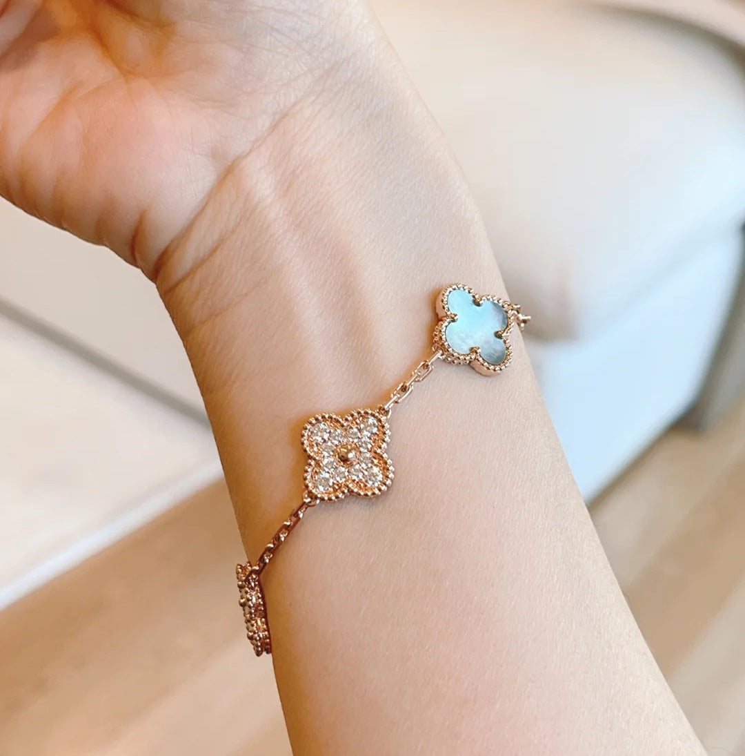 [Glitter Jewelry]CLOVER 5 MOTIFS DARK MOP AND DIAMONDS PINK GOLD BRACELET